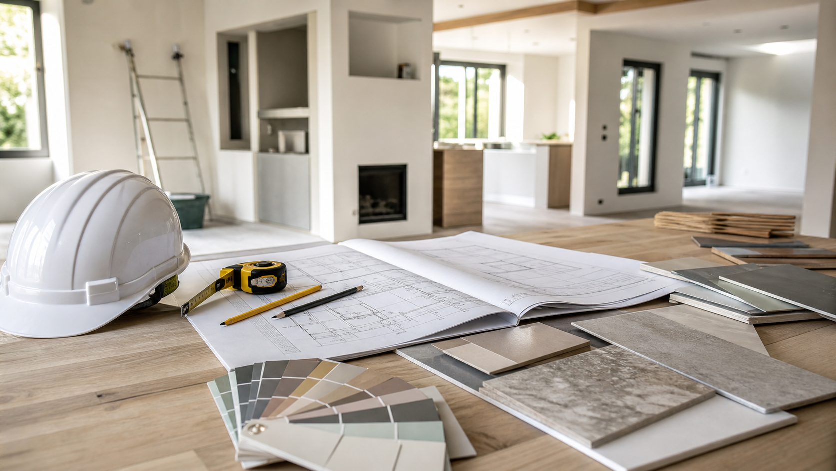 Plans et échantillons de matériaux avant de lancer des travaux maison