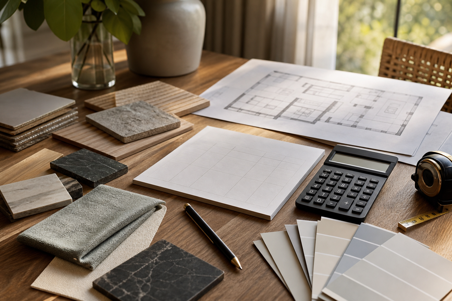 Budget travaux préparé avec plans, calculatrice et échantillons