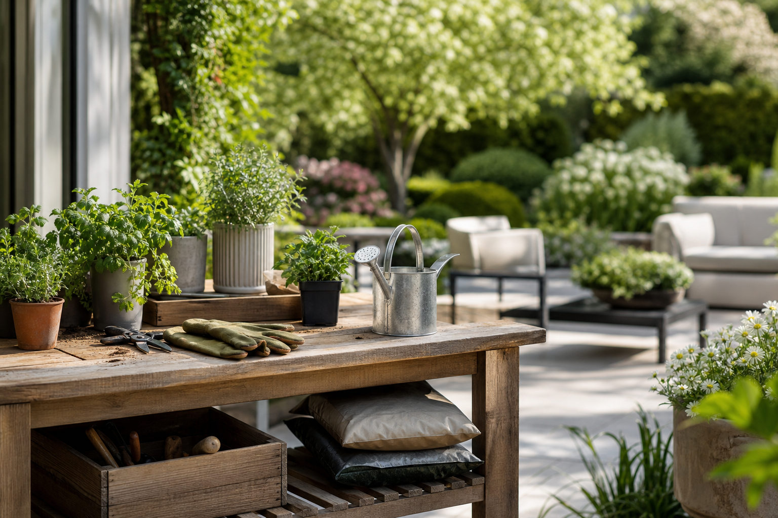 Table de jardinage avec plants, outils et arrosoir avant la belle saison