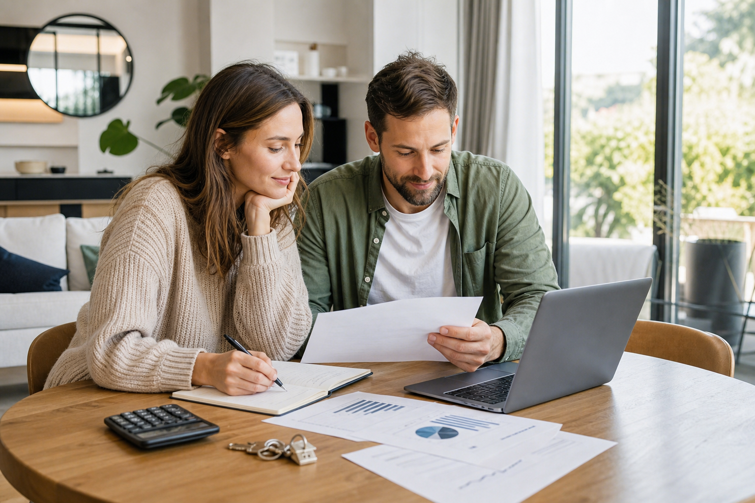 Budget logement préparé avec calculatrice, clés et documents