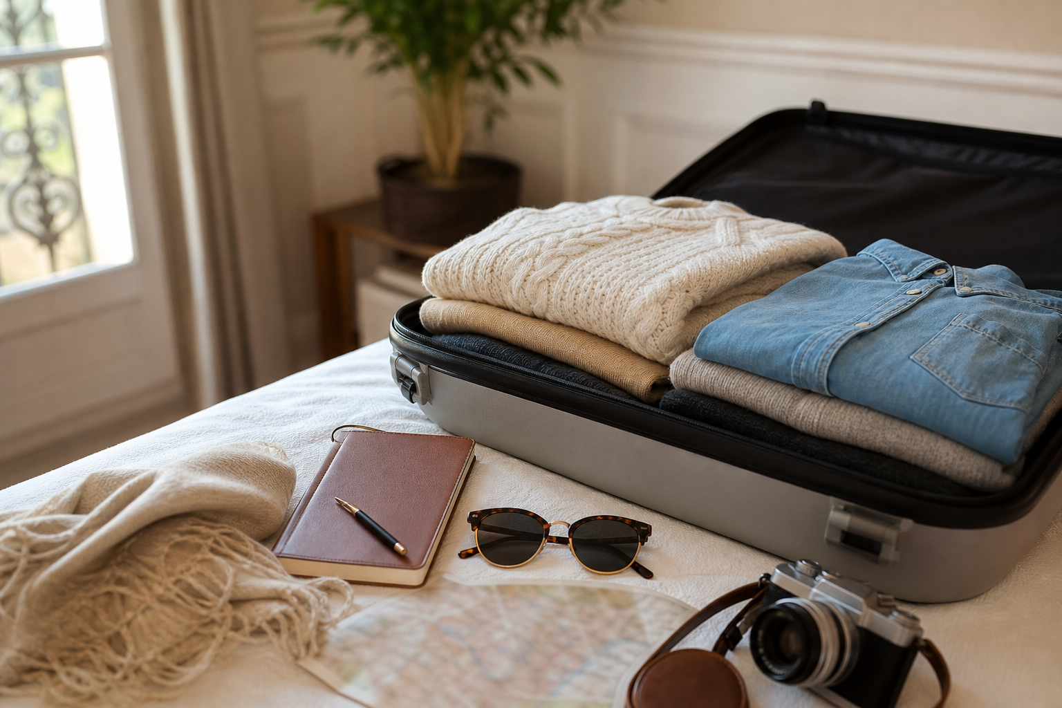 Valise ouverte et carnet de voyage pour préparer une escapade courte