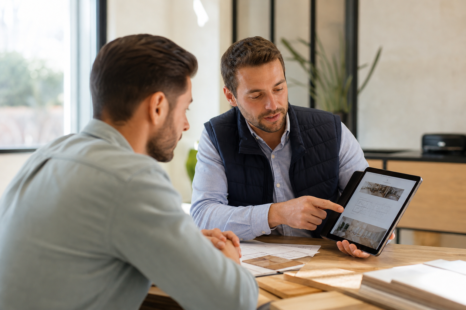 Client et prestataire local échangeant autour d’un devis sur tablette