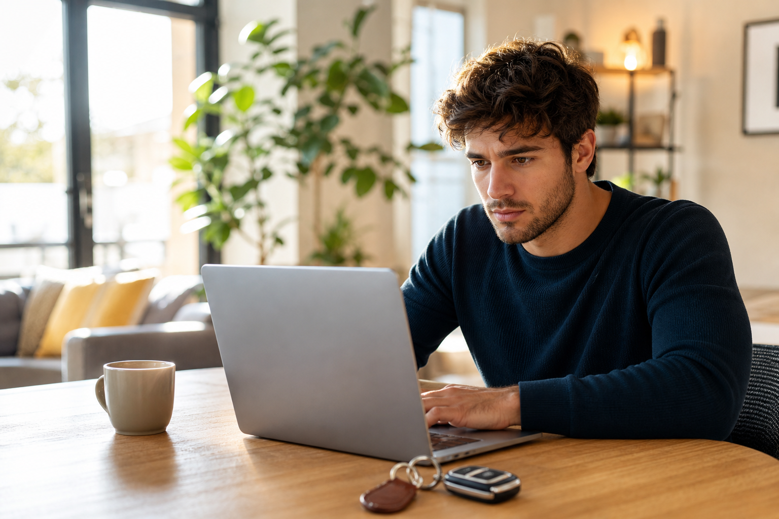 Jeune conducteur comparant un devis d’assurance auto sur ordinateur