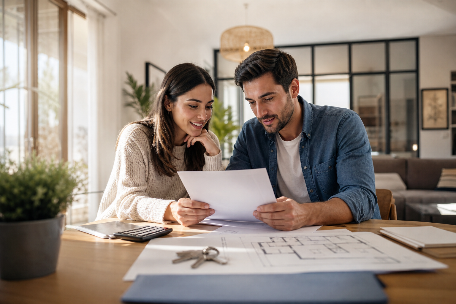 Couple préparant un achat immobilier avec documents, calculatrice et clés