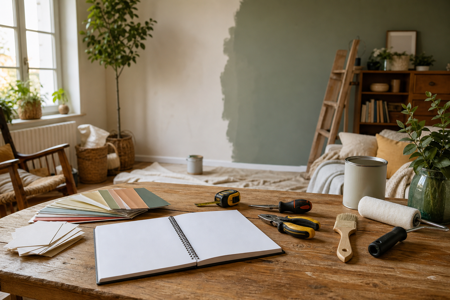 Intérieur de maison avec carnet de budget et outils de petits travaux