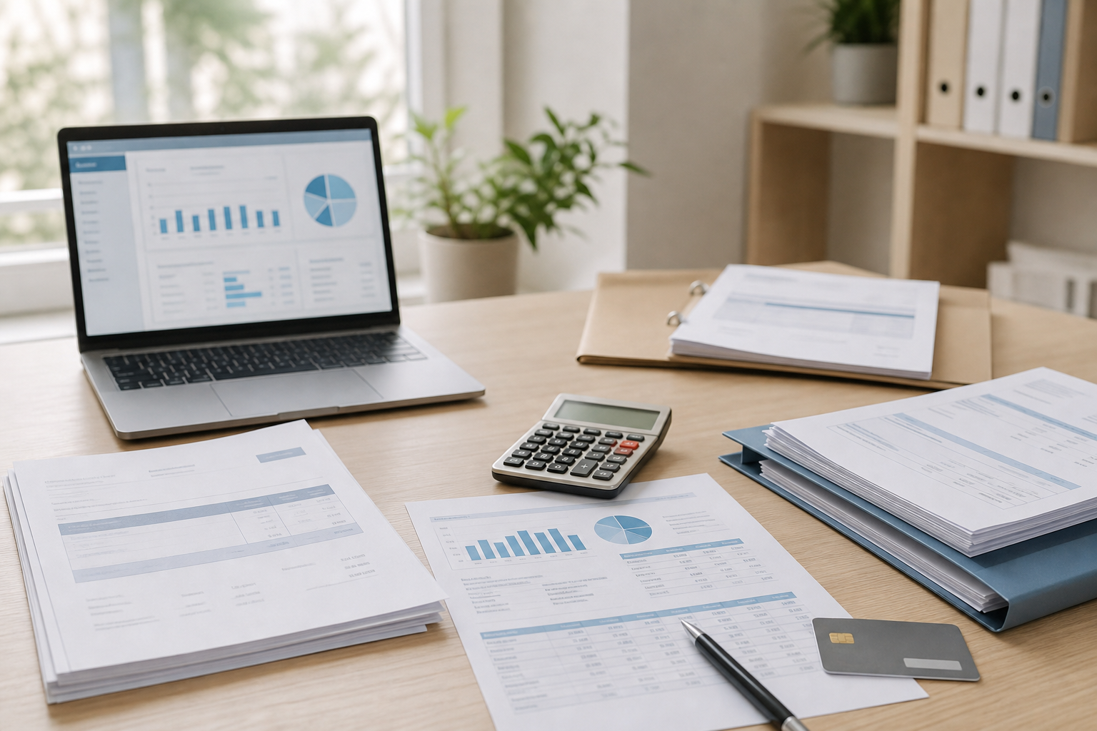 Table de travail avec factures et tableau de trésorerie
