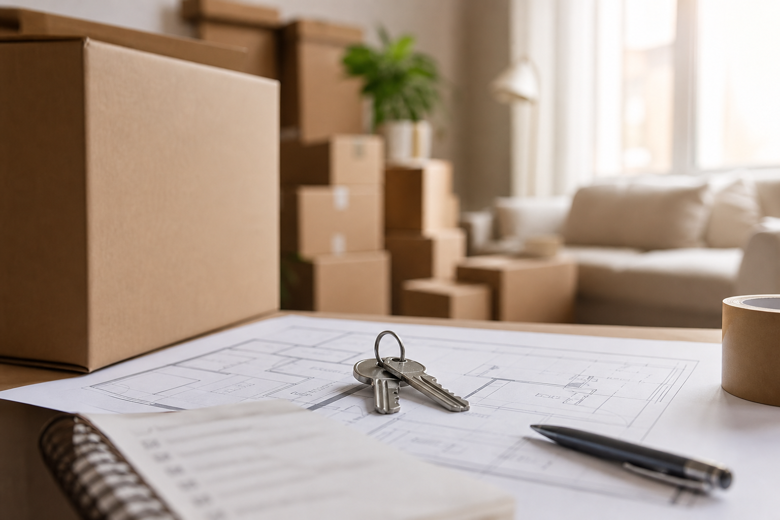 Préparation d’un changement de logement avec cartons et clés