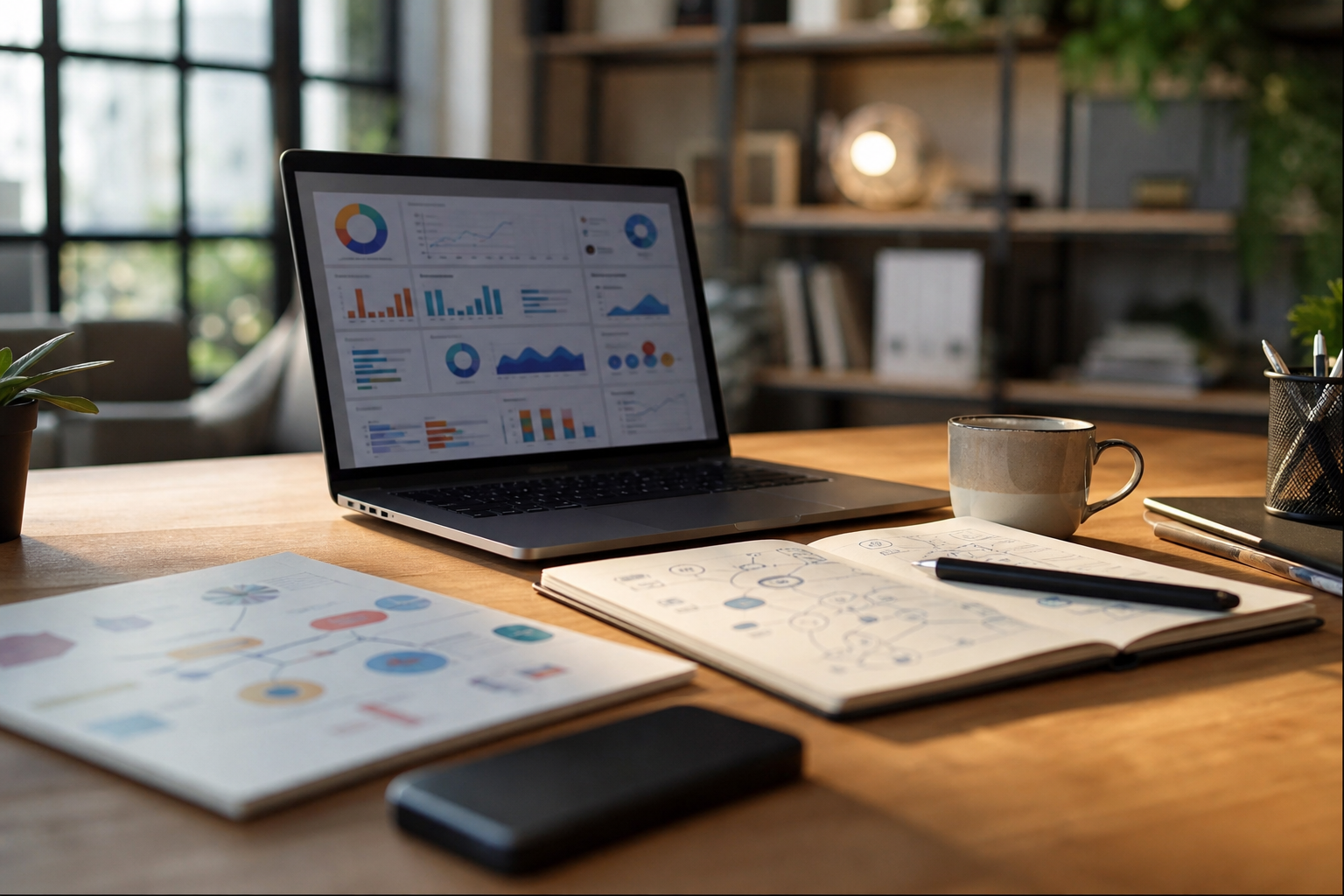 Marketing digital avec ordinateur et carnet stratégique