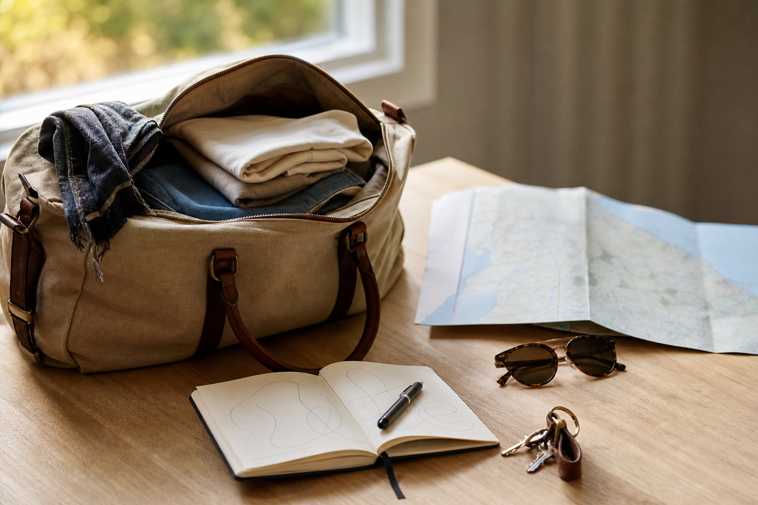 Sac léger et carnet pour préparer une escapade courte