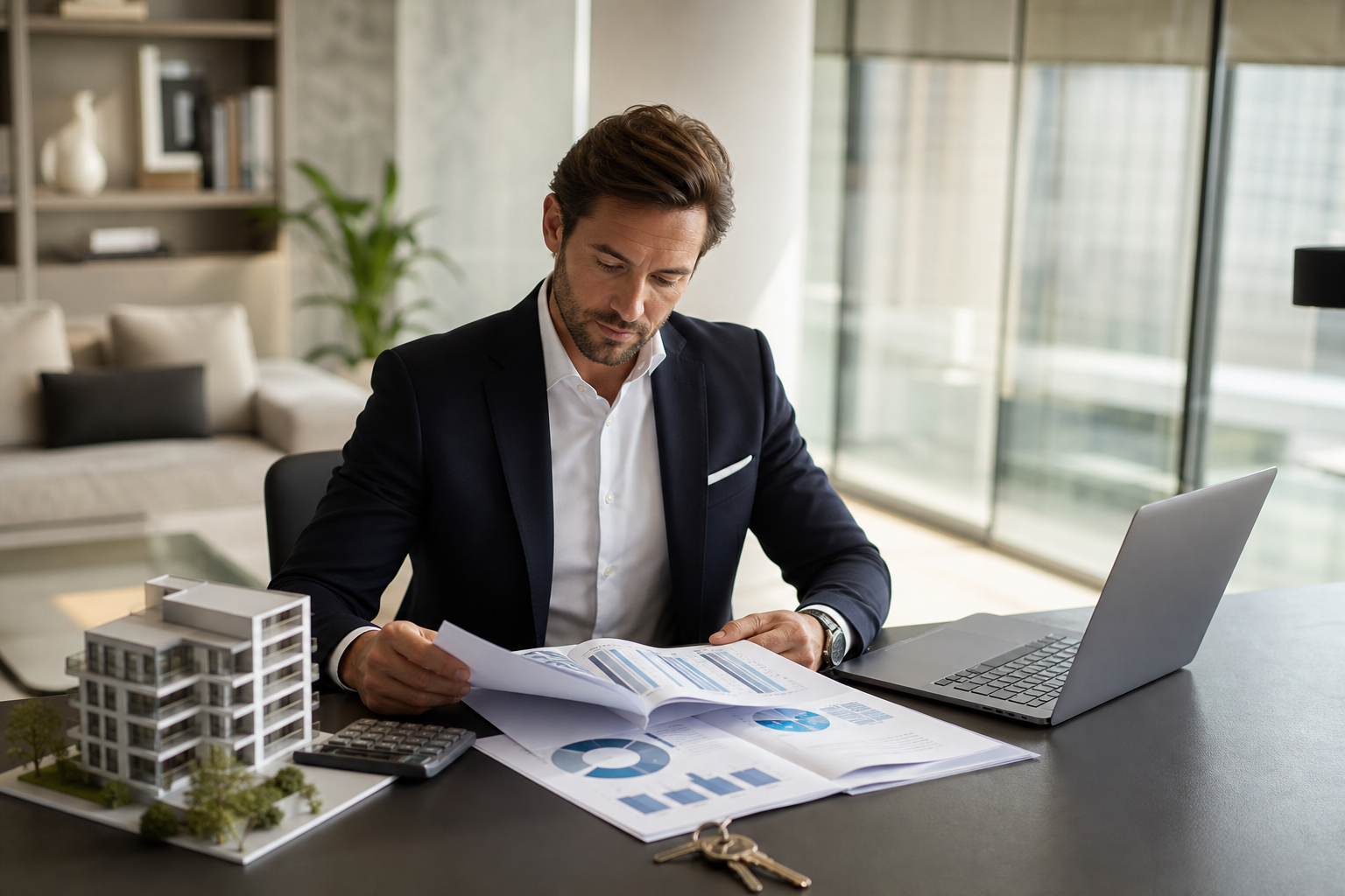 Investisseur examinant un dossier immobilier avec calculatrice et maquette d’immeuble
