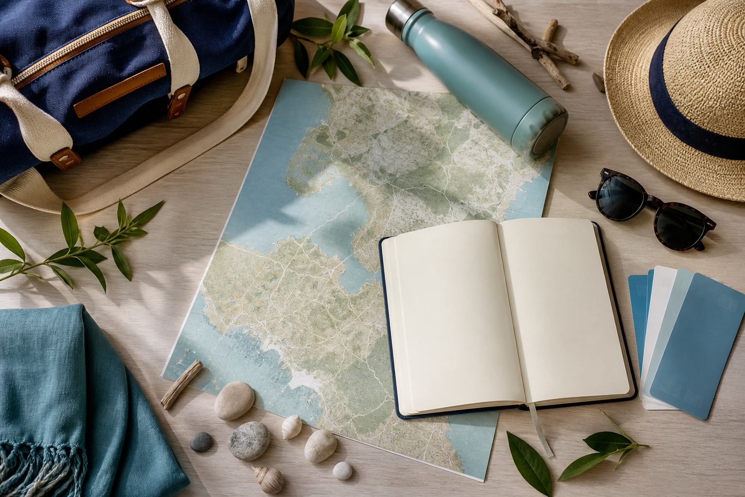 Carnet, carte et accessoires pour préparer des loisirs et voyages