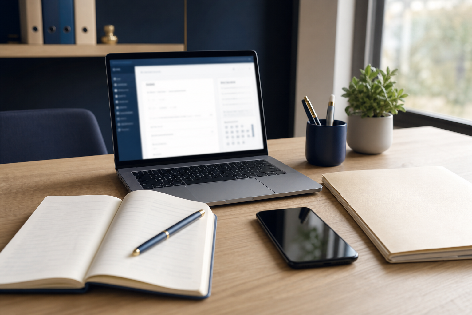 Bureau avec dossier de création et ordinateur pour lancer une micro-entreprise