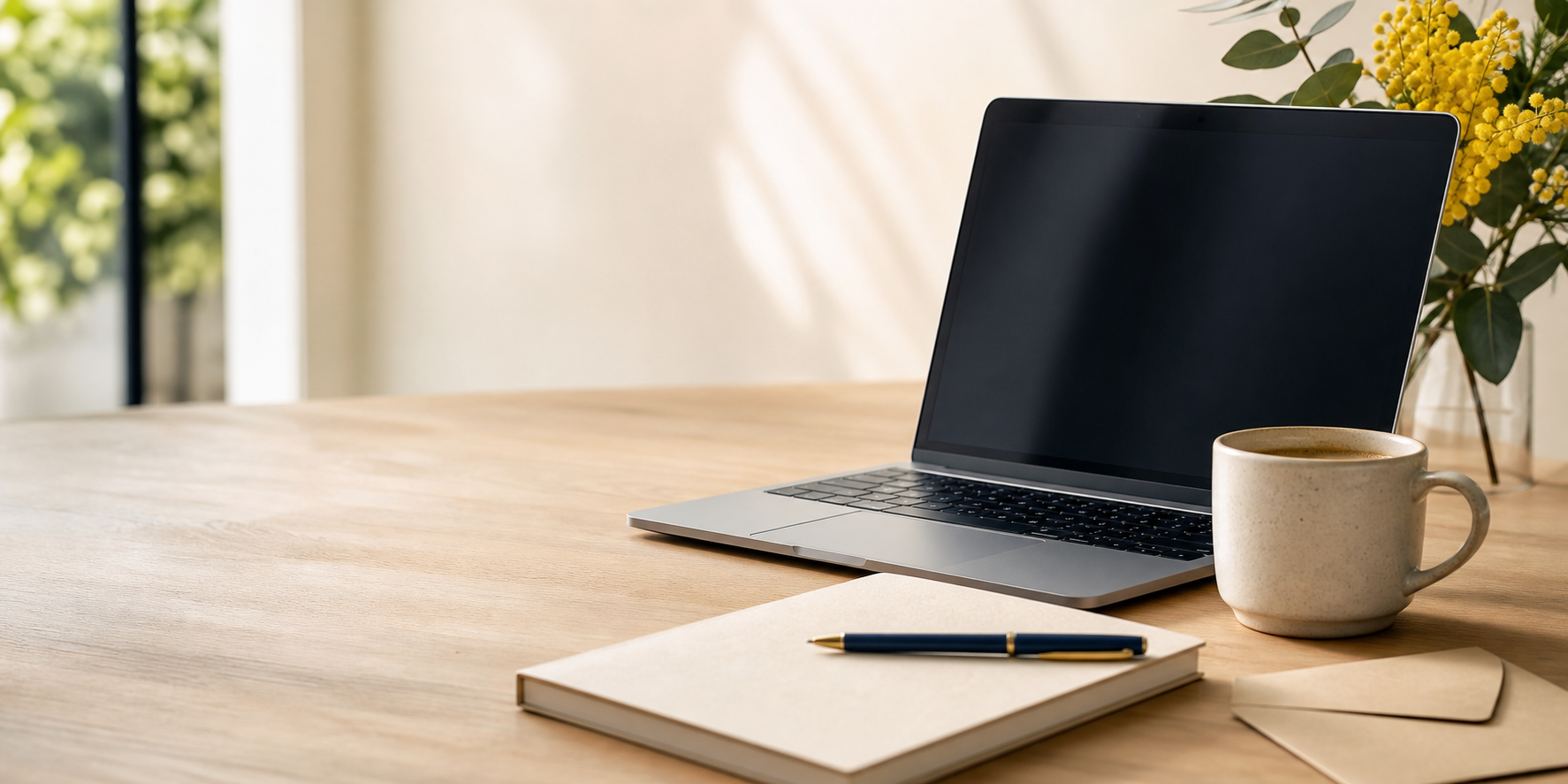 Bureau éditorial avec ordinateur, carnet et enveloppe pour proposer un article