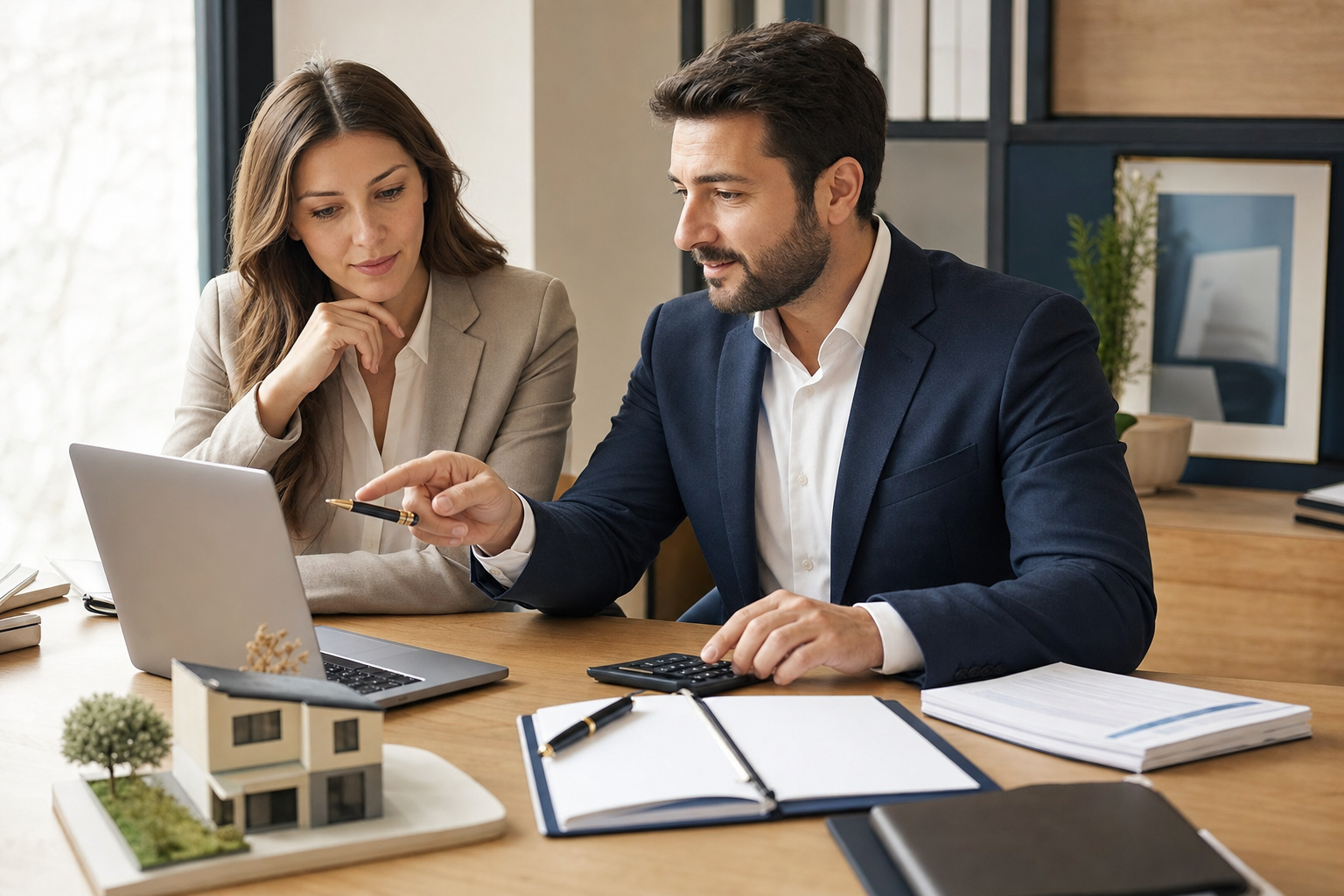 Conseiller et emprunteur analysant une simulation de prêt immobilier sur ordinateur