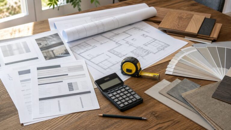 Plans de rénovation, calculatrice et matériaux pour préparer un budget travaux