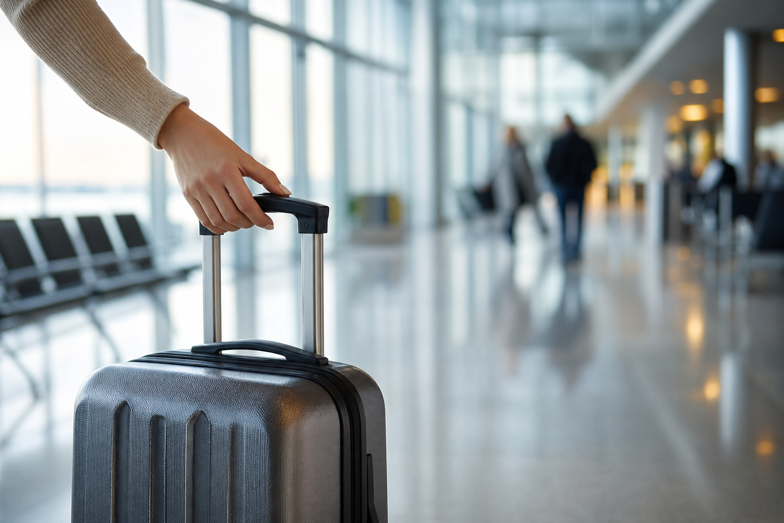 Valise cabine près d’une porte d’embarquement