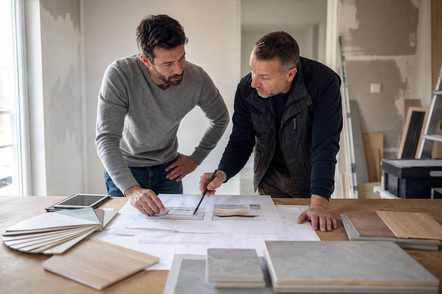 Propriétaire et artisan consultant des documents de rénovation