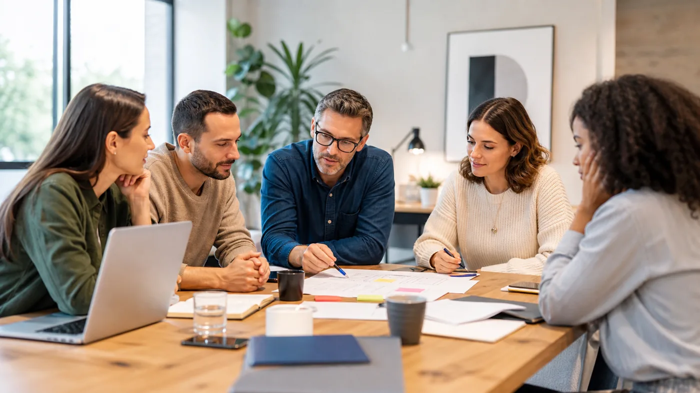 Petite équipe de PME qui prépare une stratégie marketing et un calendrier de communication