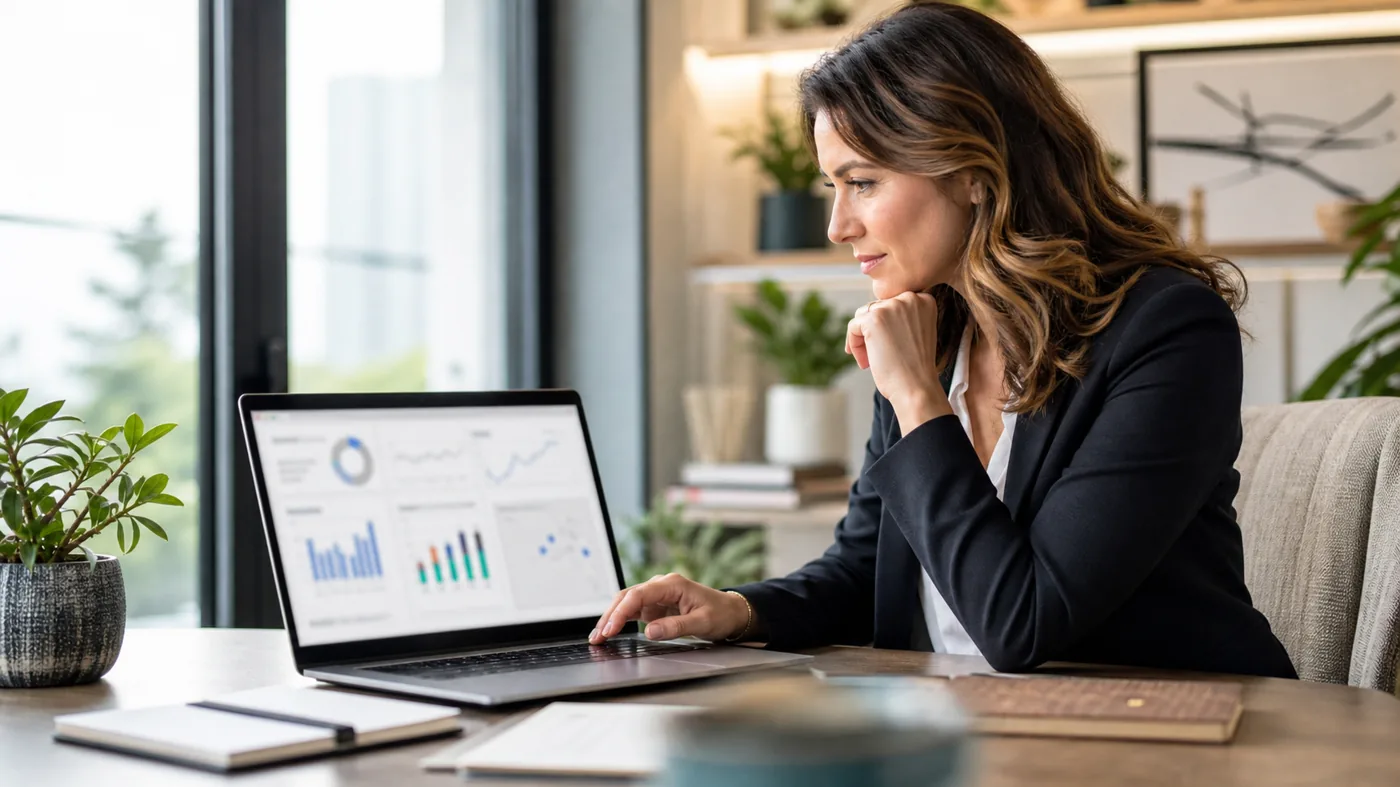 Entrepreneure qui analyse le référencement naturel et la visibilité de son site
