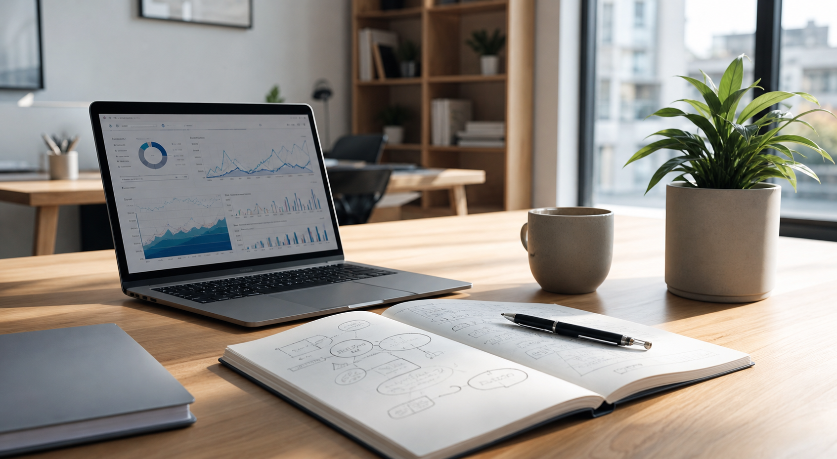 Illustration d’un accompagnement SEO avec écran, recherche Google et tableau de bord