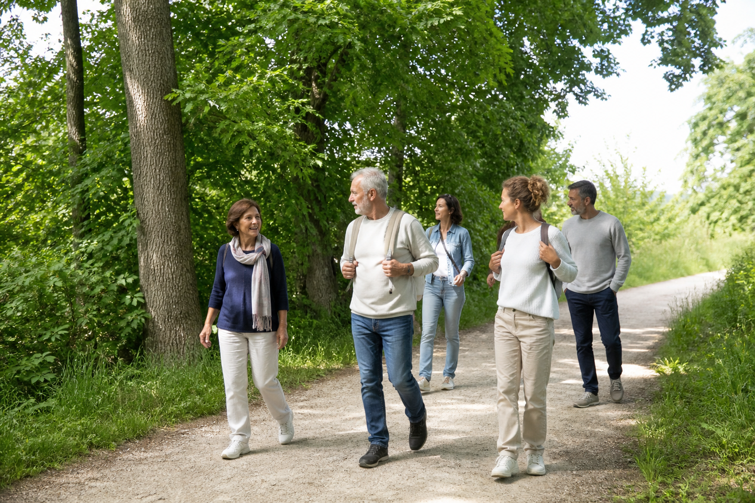 Petit groupe au départ d'une promenade accessible sur un sentier naturel
