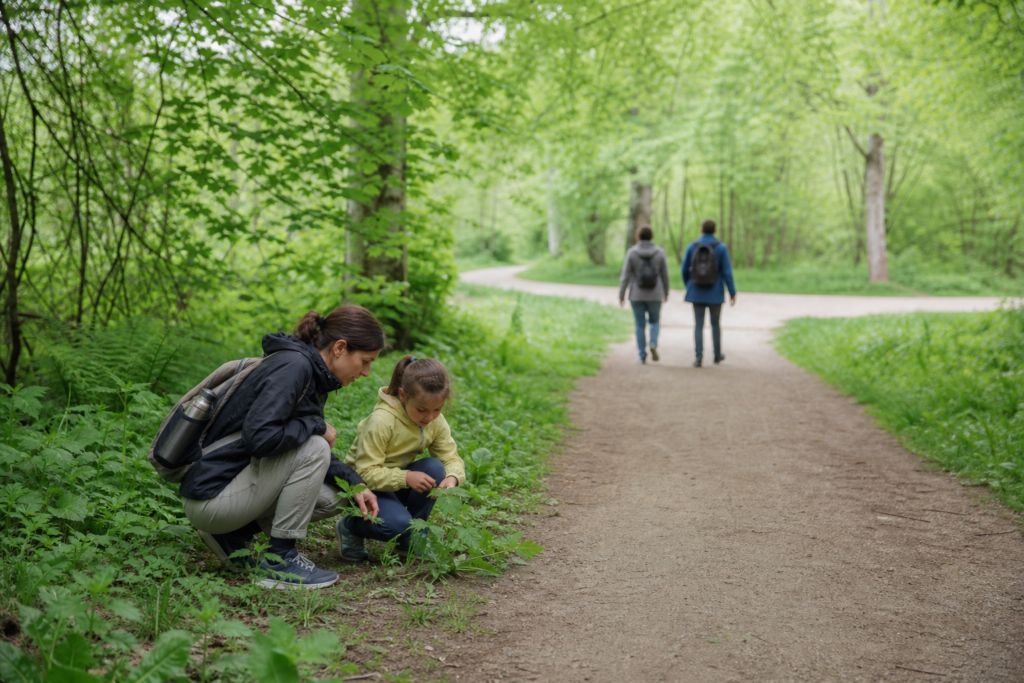 Adultes et enfant adaptant leur rythme sur un chemin nature avec bifurcation