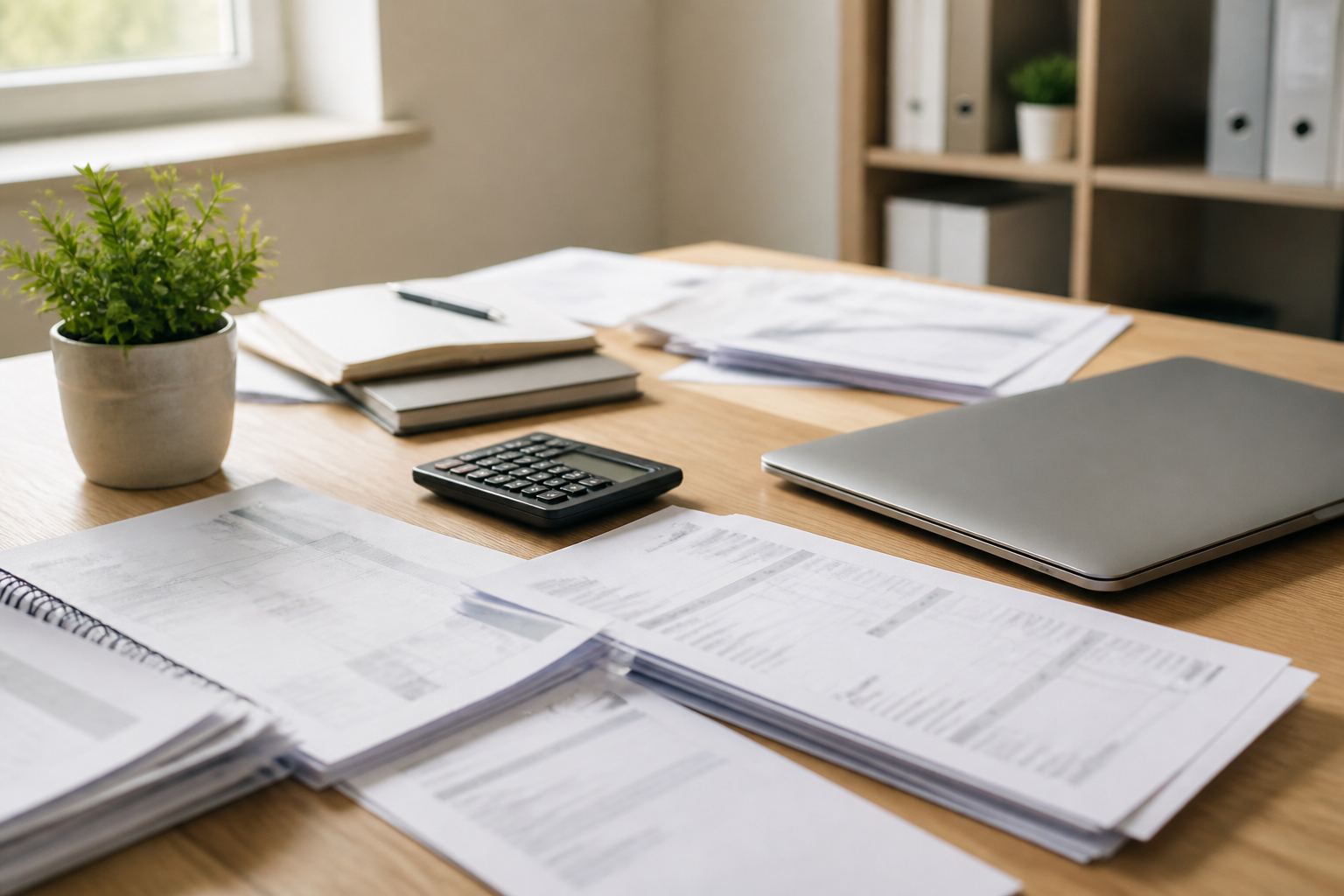 Bureau d'une petite entreprise avec documents de factures et calculatrice