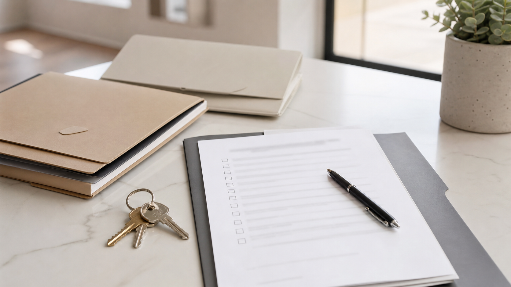 formulaire, clé et stylo sur un bureau clair