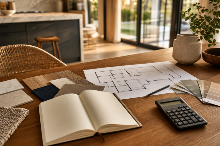 Plan de maison, nuancier, échantillons de matériaux, carnet et calculatrice sur une table en bois.