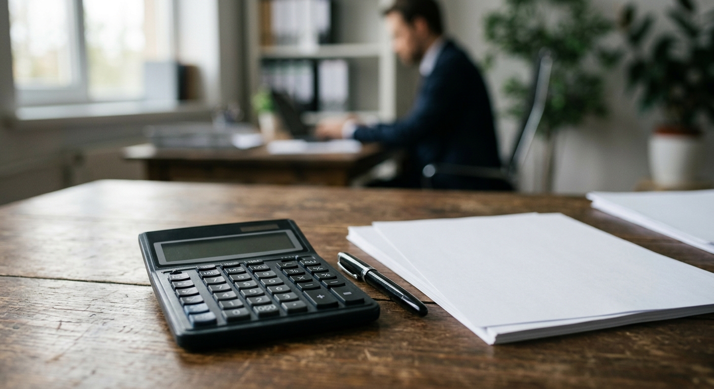 Calculatrice et feuilles de papier vierges sur un bureau pour comparer les offres de rachat de crédit