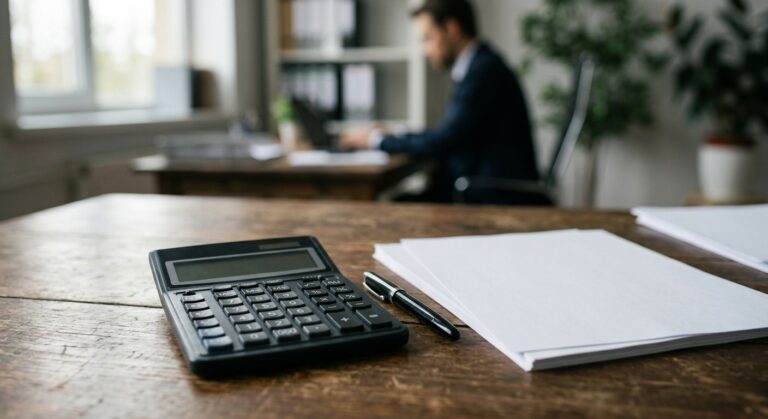 Calculatrice et feuilles de papier sur un bureau pour comparer des offres de prêt