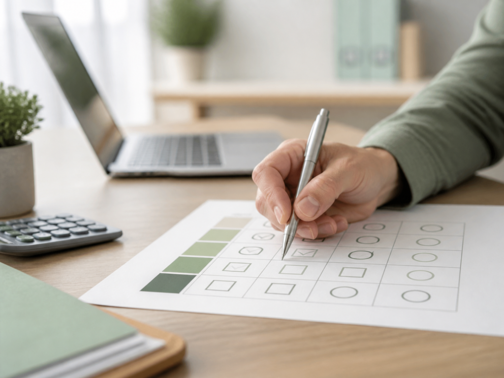 Grille de critères cochée au stylo sur une table avec un ordinateur portable pour choisir un CRM