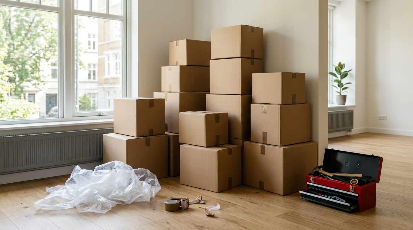 Cartons de déménagement empilés dans un appartement lumineux, papier bulle et boîte à outils au sol