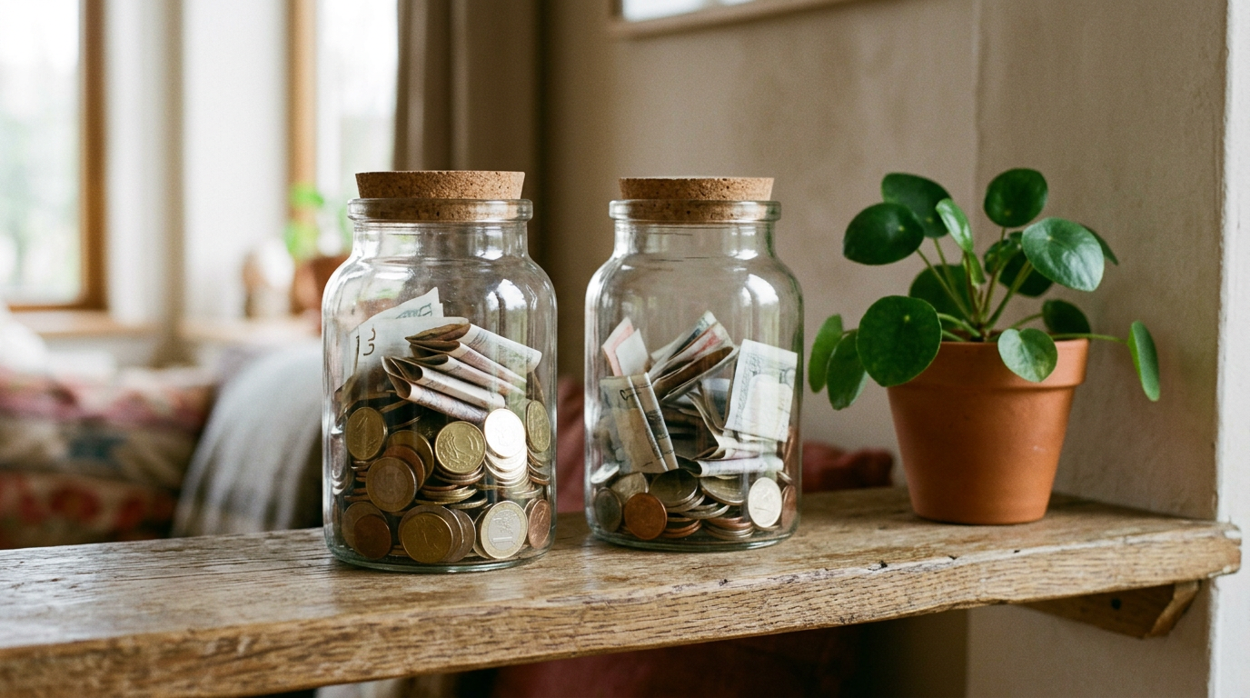 Bocaux en verre remplis de pièces et de billets posés sur une étagère avec une plante verte