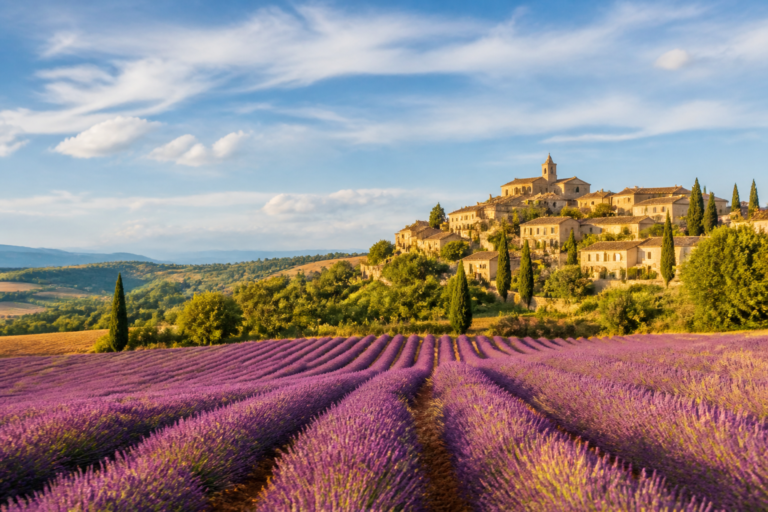 Village français perché au milieu d'un paysage champêtre ensoleillé