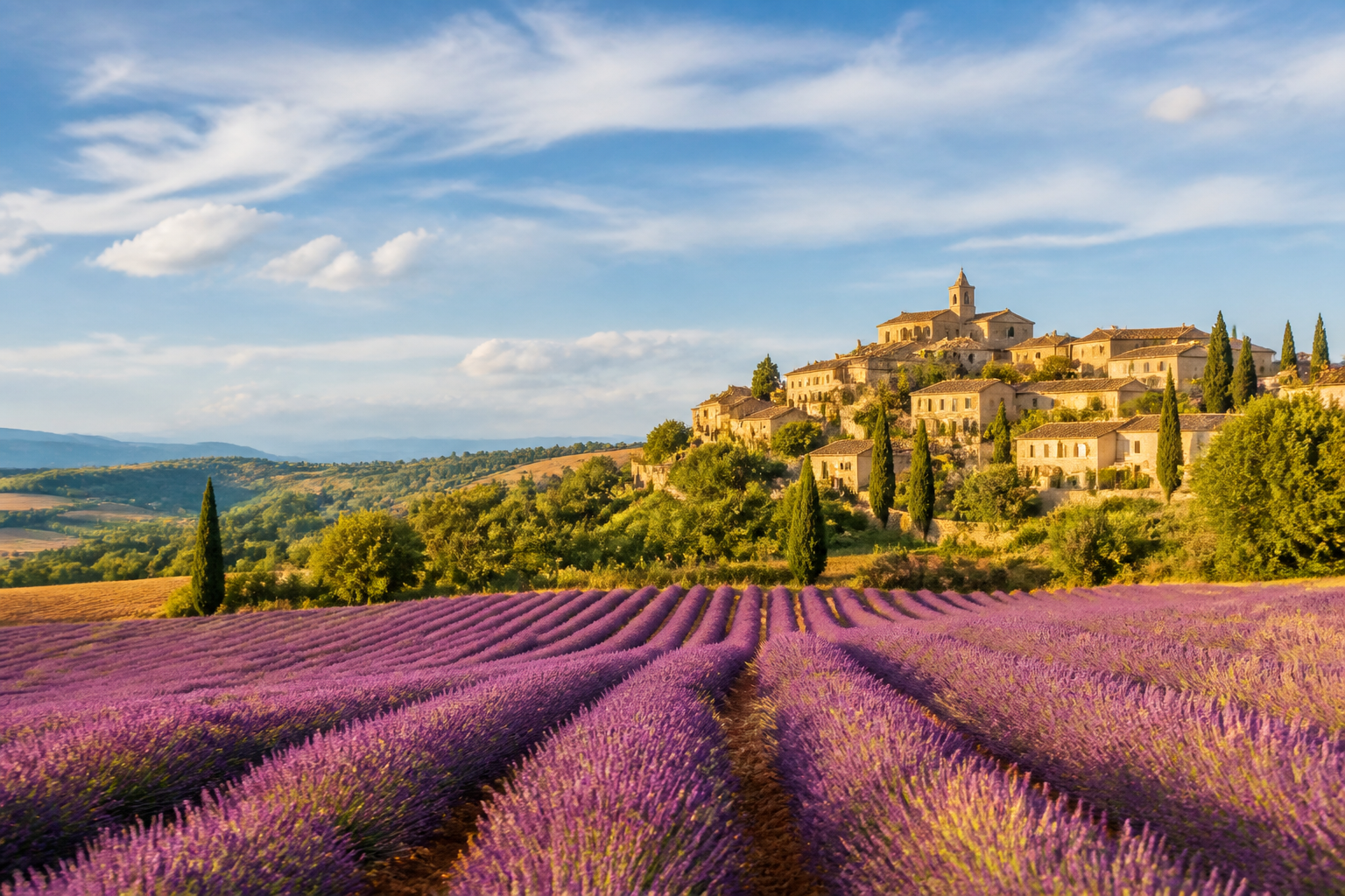 Village français perché au milieu d'un paysage champêtre ensoleillé