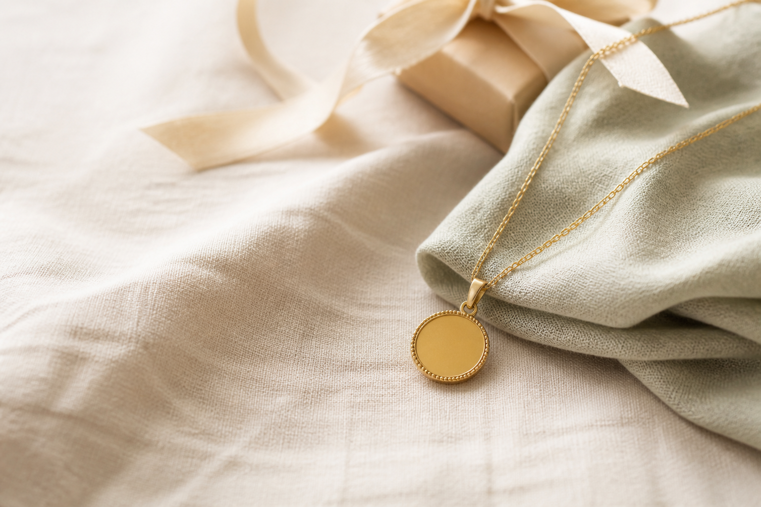 Médaille bijou ronde discrète près d’un paquet cadeau sur un tissu naturel