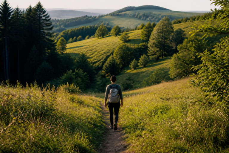 Randonneur avec sac à dos marchant sur un sentier dans un paysage de collines et de forêts.