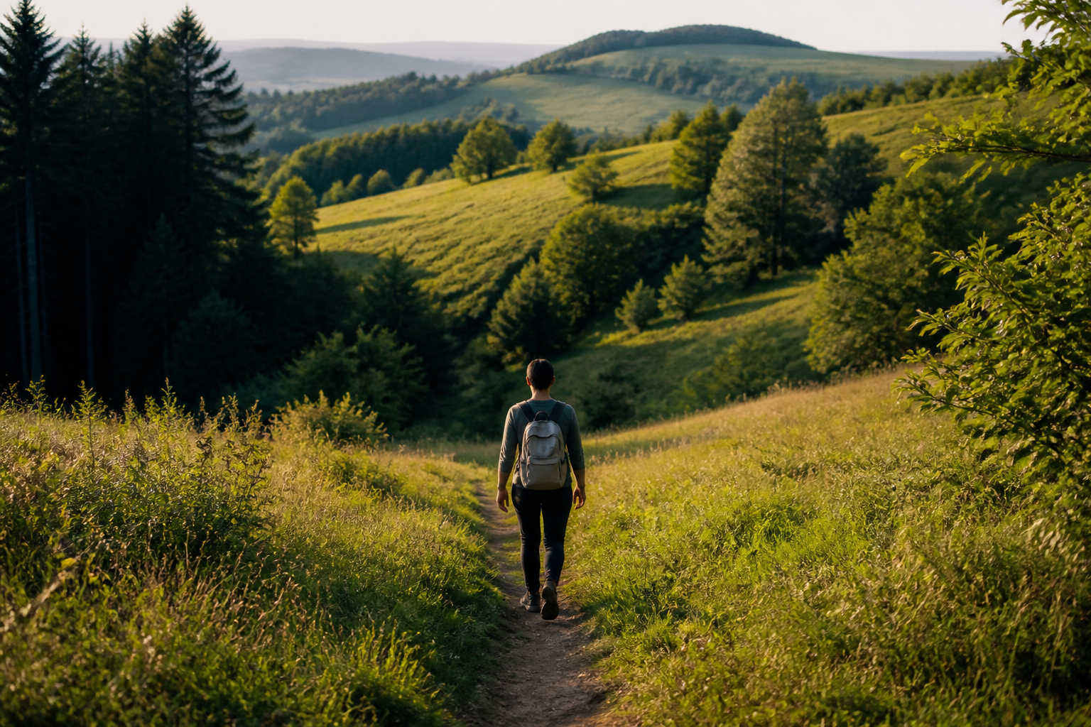 Randonneur avec sac à dos marchant sur un sentier dans un paysage de collines et de forêts.