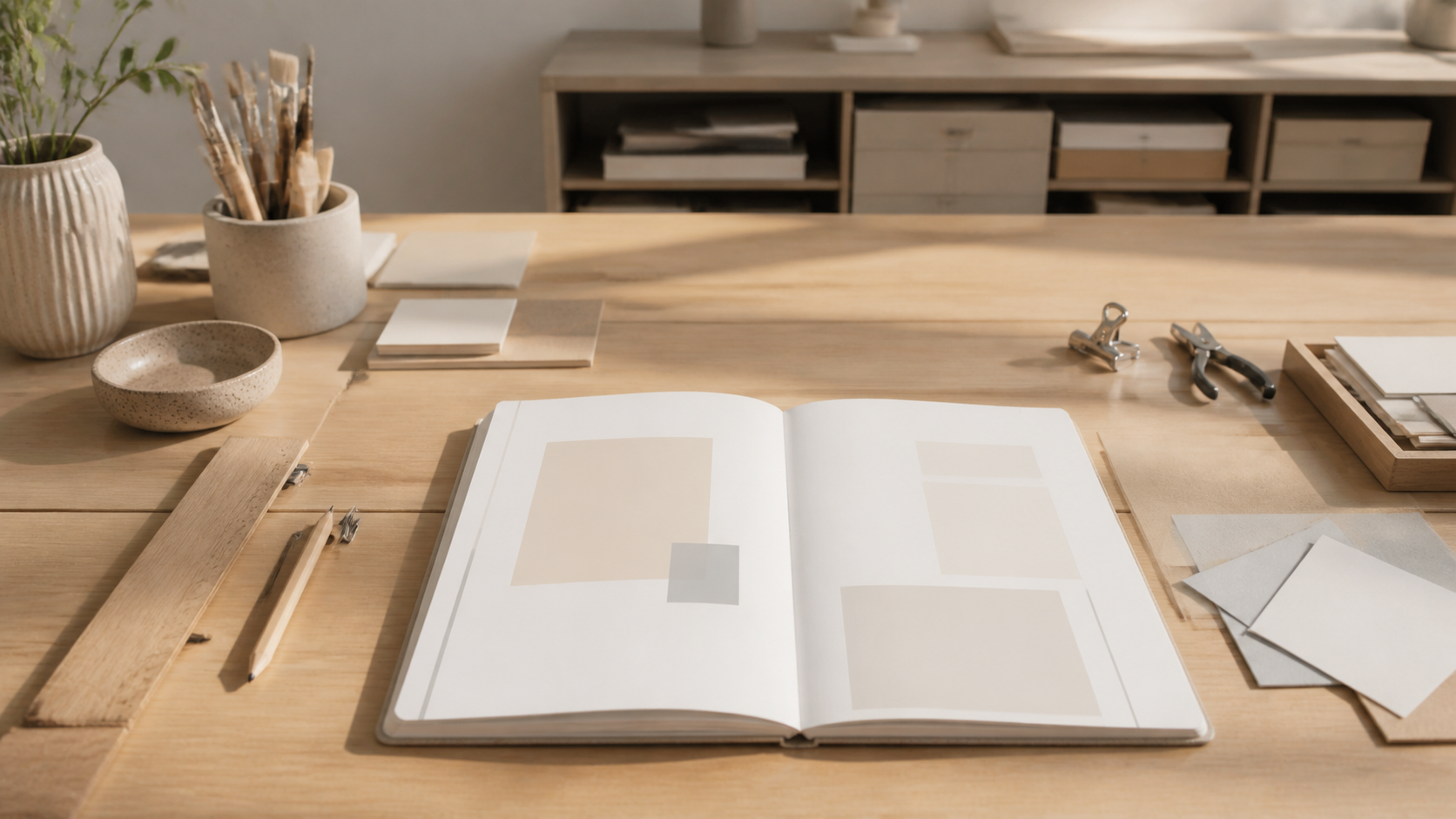Carnet de présentation posé dans un atelier professionnel organisé