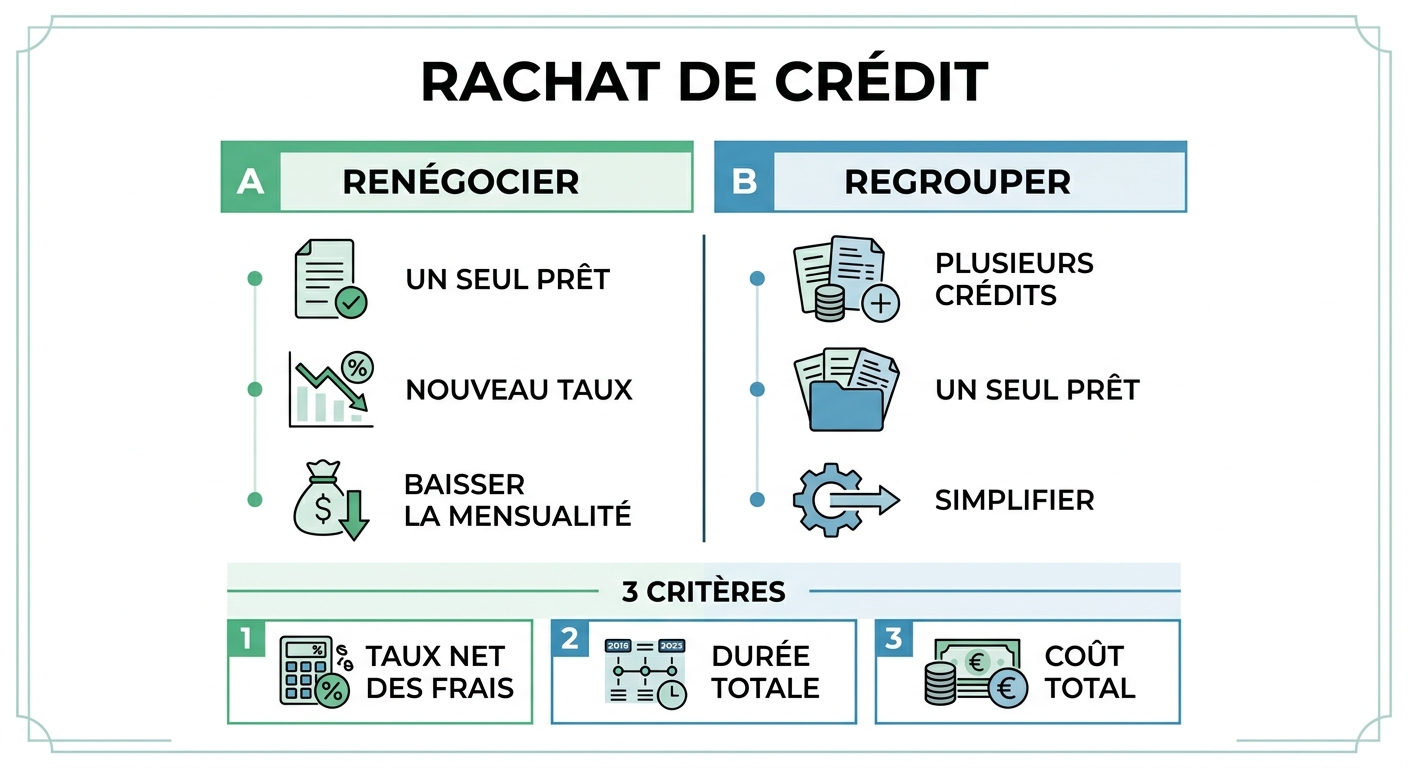 Infographie comparant renégociation et regroupement de crédits avec les critères de décision