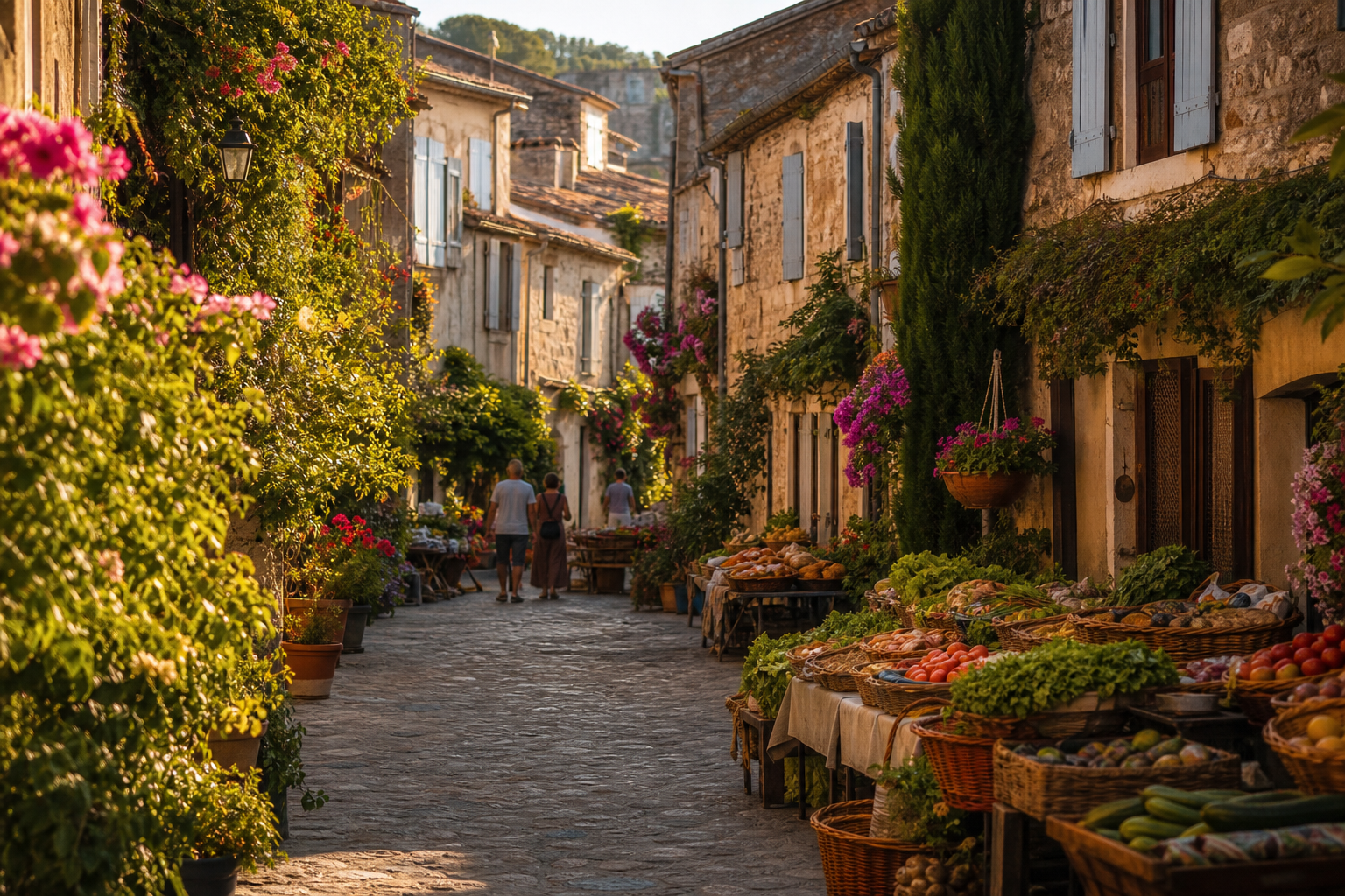 Ruelle fleurie d'un village français avec un petit marché de producteurs
