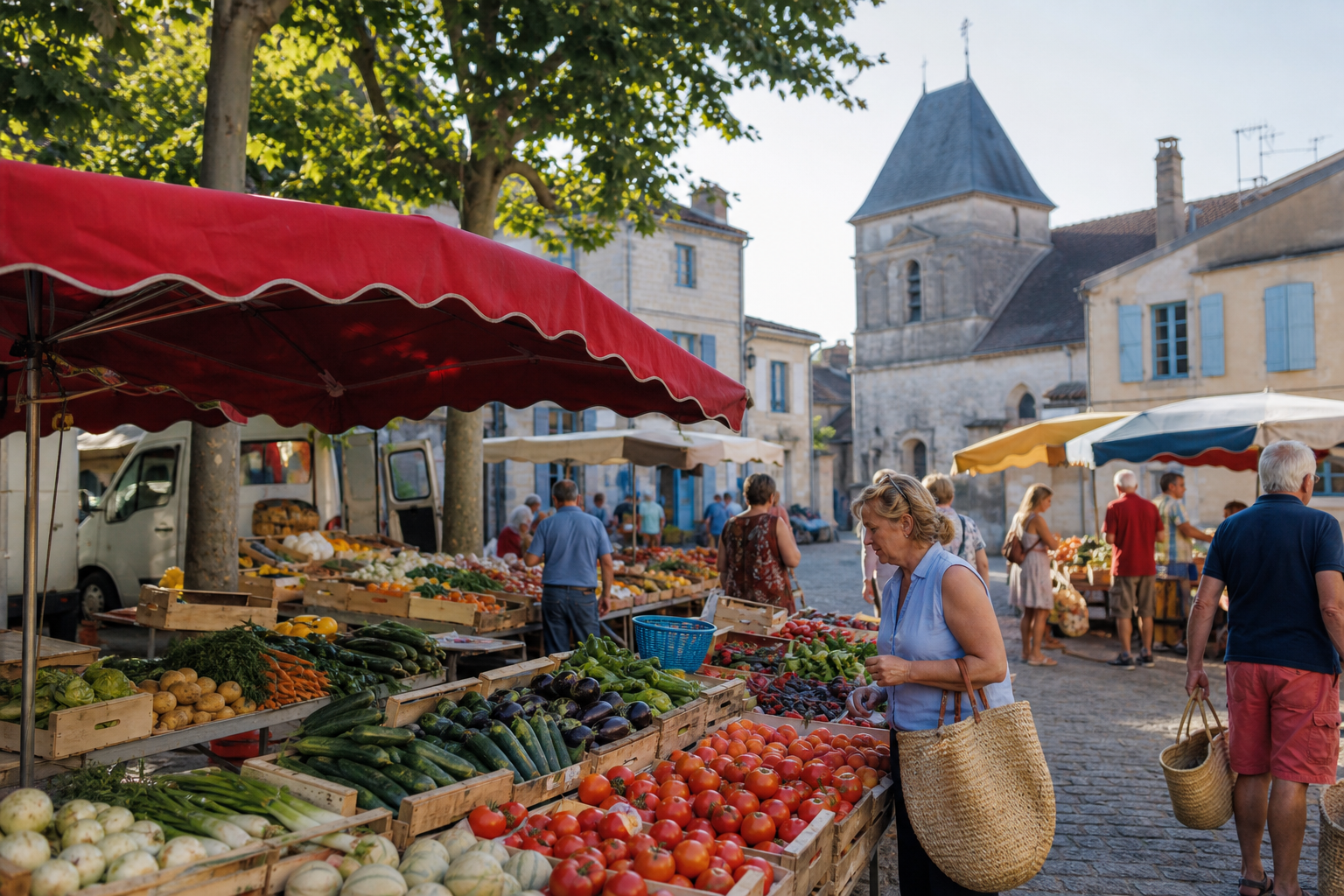 Marché de producteurs locaux dans un village, étals de fruits et légumes de saison.