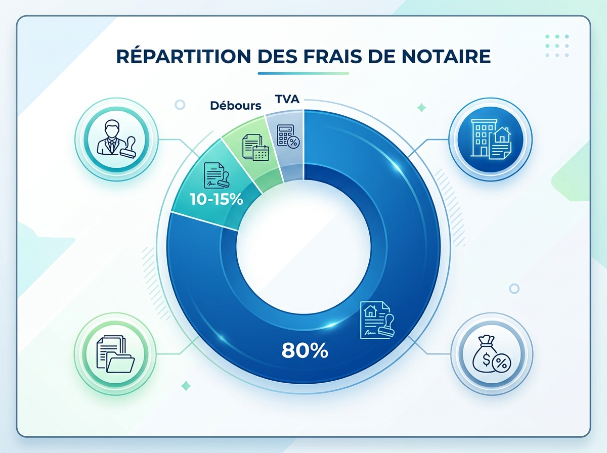 Diagramme répartition frais de notaire, droits mutation, émoluments, débours