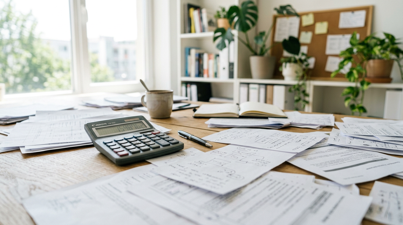 Feuille de calcul de budget immobilier avec calculatrice et stylo sur une table