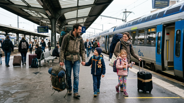 Famille avec deux enfants et des sacs à dos sur un quai de gare pour un départ en vacances
