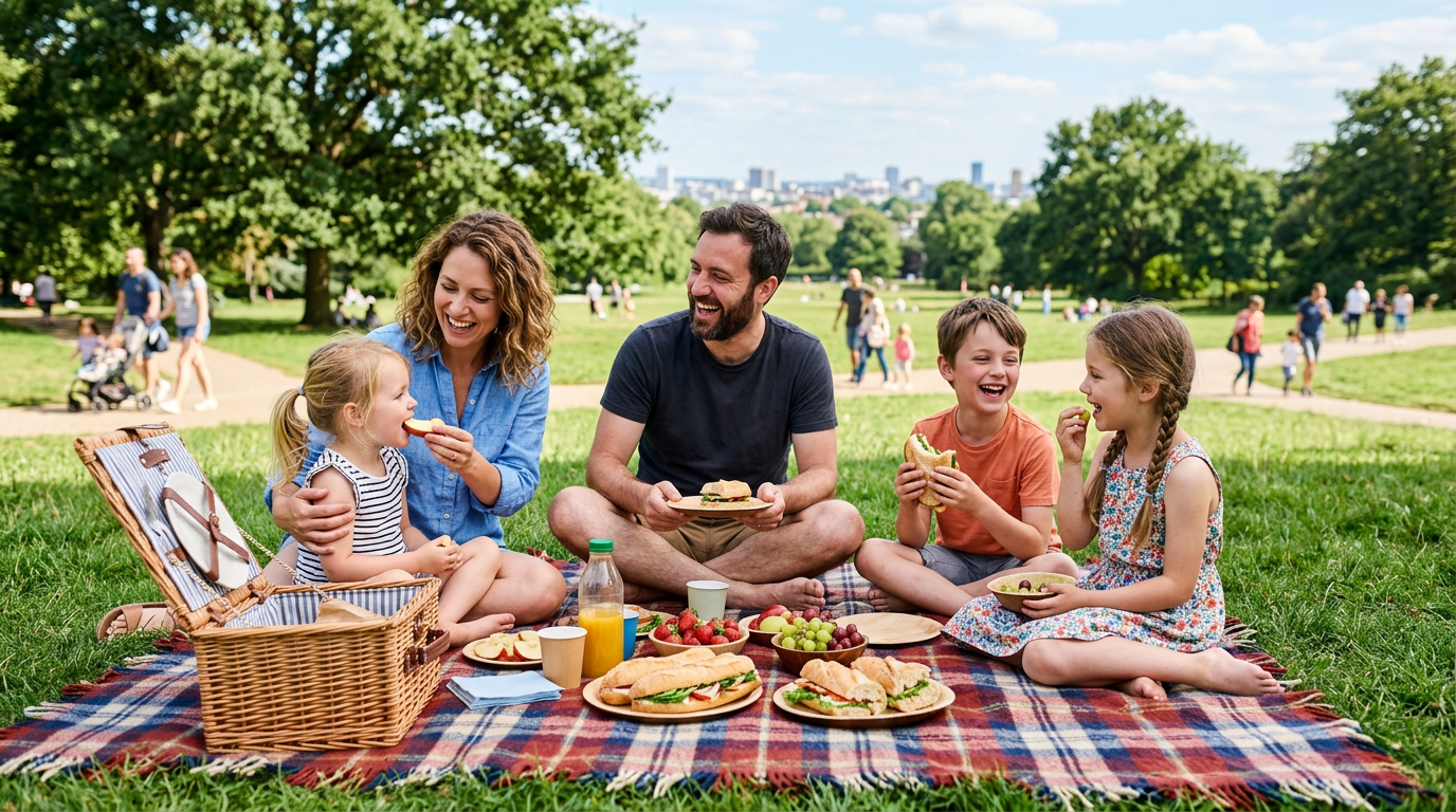 Pique-nique en famille sur une couverture dans un parc avec panier et fruits