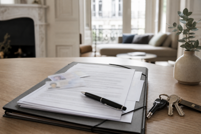 Dossier, papiers administratifs, stylo et trousseau de clés posés sur une table de salon.