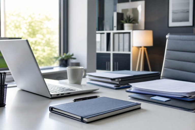 Tableau de veille marché avec notes, écran et indicateurs simples sur un bureau