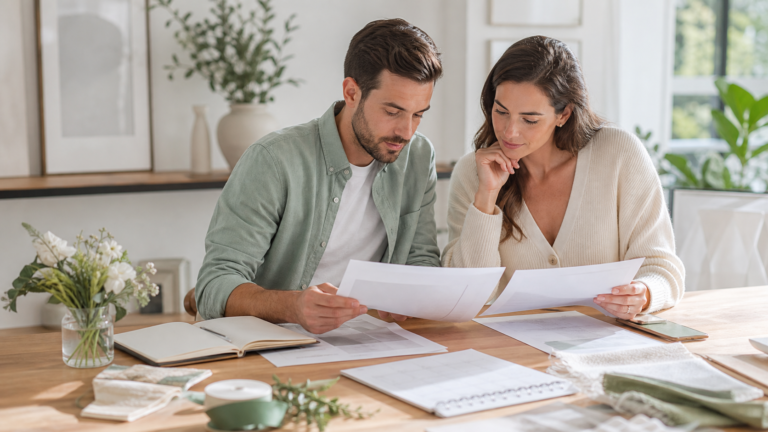 Couple comparant les contrats de plusieurs prestataires de mariage